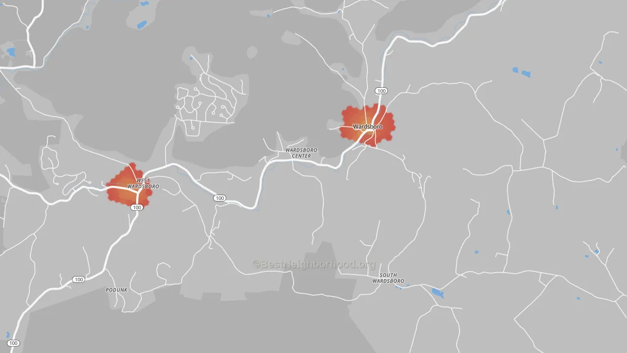Walk Grade map of Wardsboro, VT, walkable areas in green and car-dependent areas in red