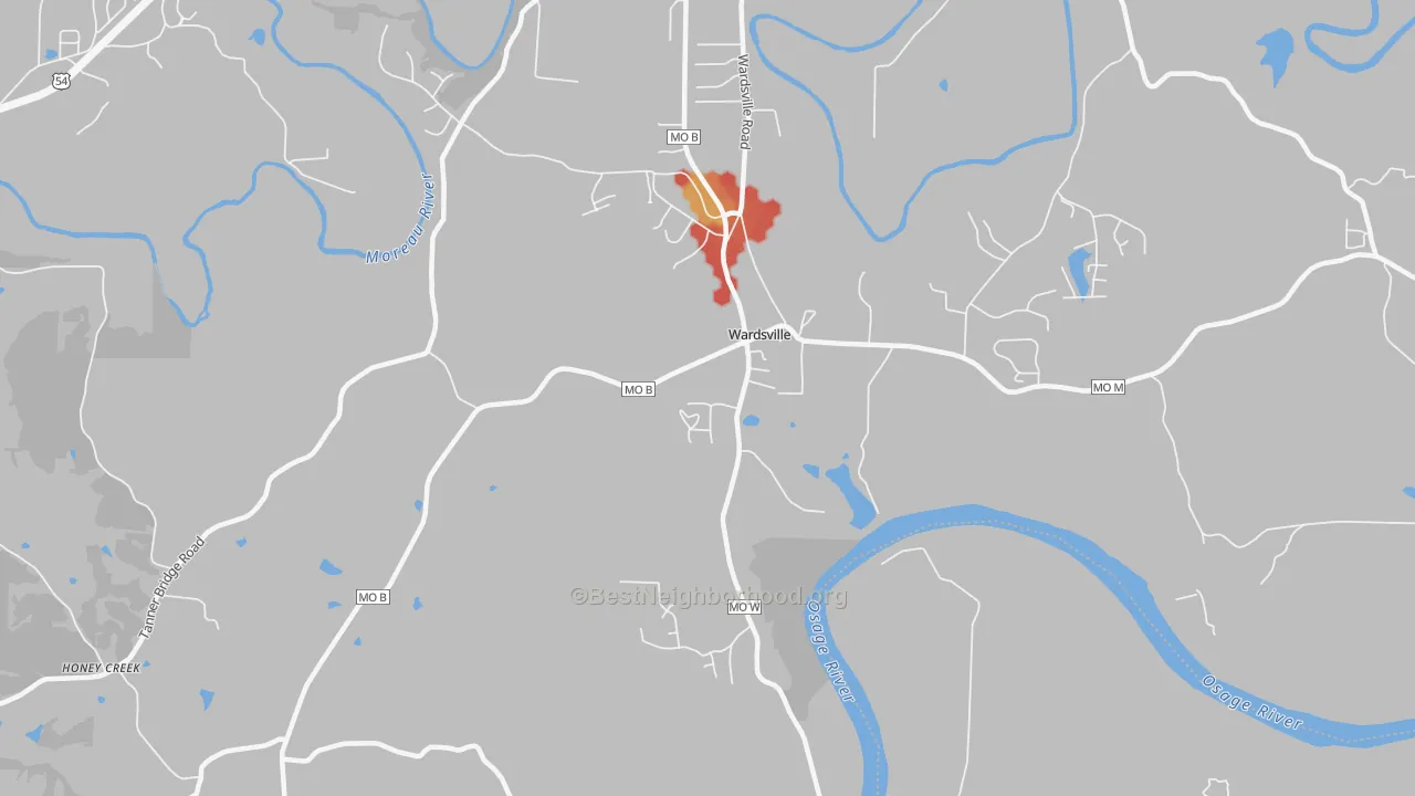 Walk Grade map of Wardsville, MO, walkable areas in green and car-dependent areas in red