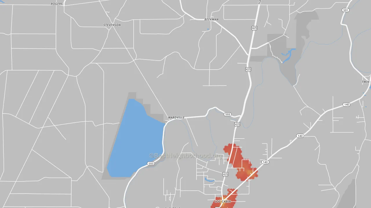 Walk Grade map of Wardville, LA, walkable areas in green and car-dependent areas in red