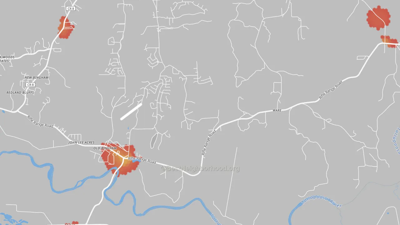 Walk Grade map of Ware, AL, walkable areas in green and car-dependent areas in red
