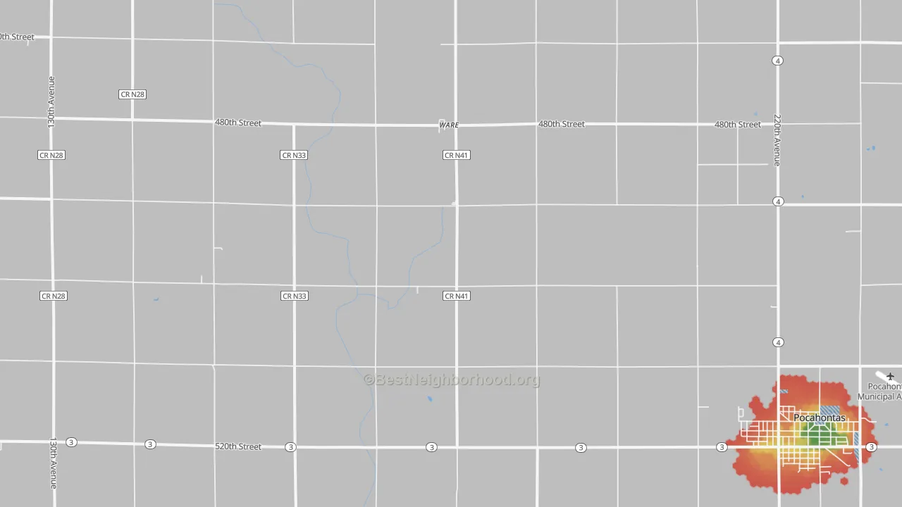 Walk Grade map of Ware, IA, walkable areas in green and car-dependent areas in red