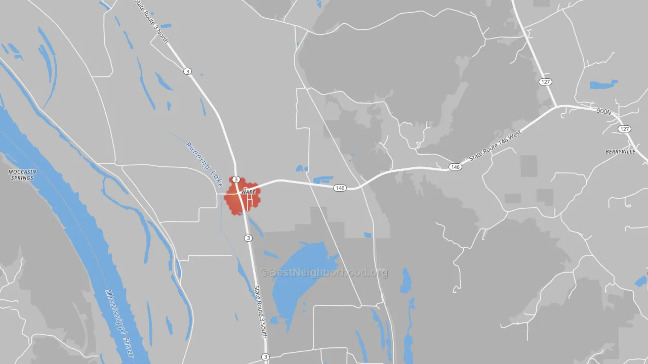 Walk Grade map of Ware, IL, walkable areas in green and car-dependent areas in red