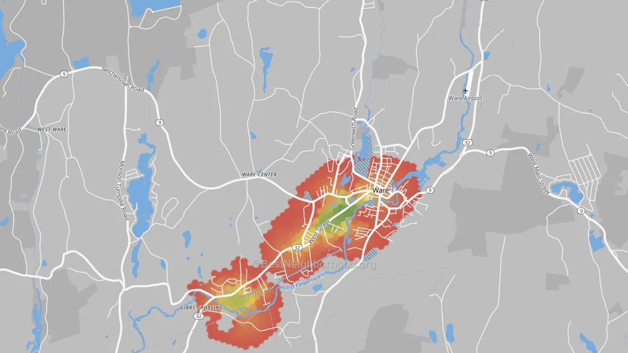 Walk Grade map of Ware, MA, walkable areas in green and car-dependent areas in red