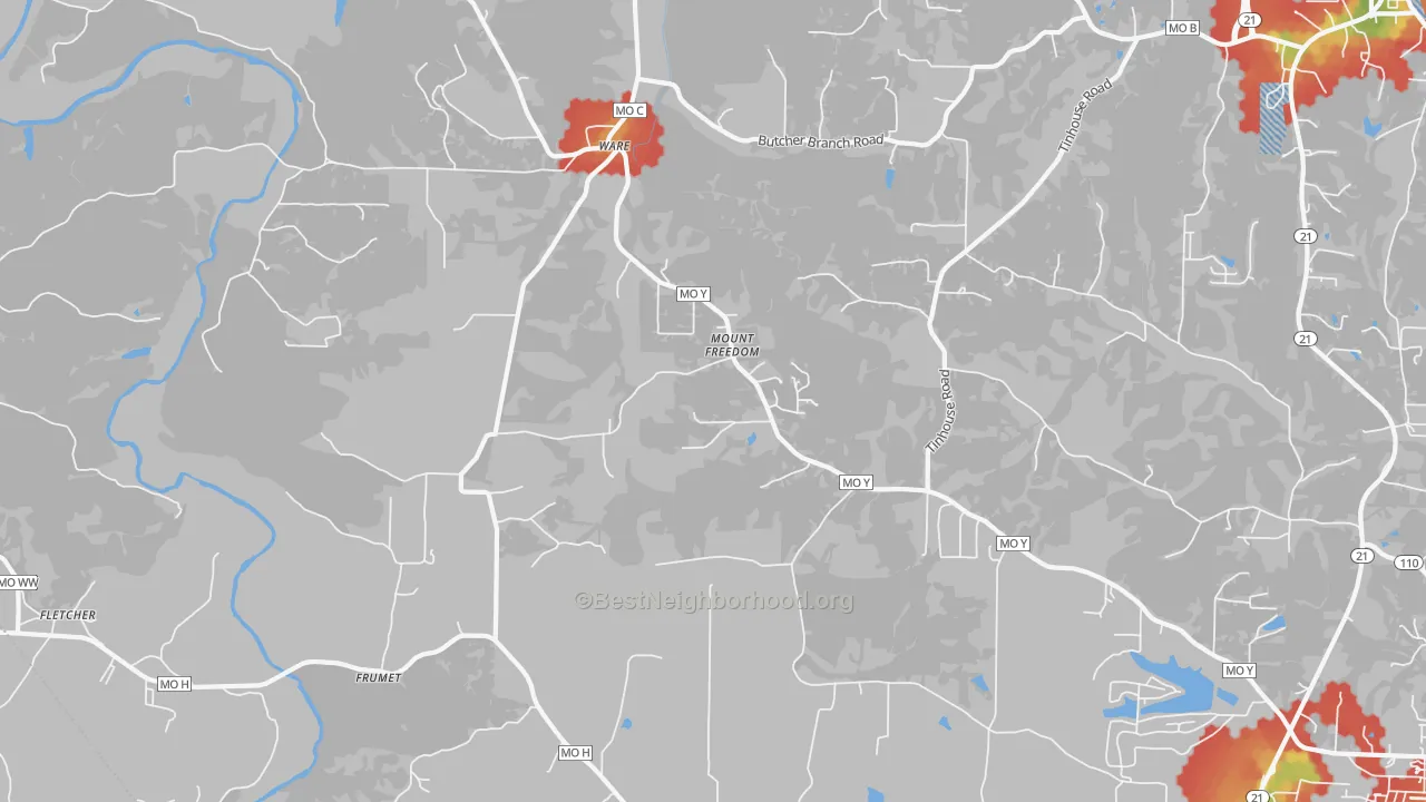 Walk Grade map of Ware, MO, walkable areas in green and car-dependent areas in red