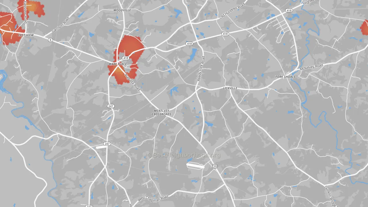 Walk Grade map of Ware Place, SC, walkable areas in green and car-dependent areas in red