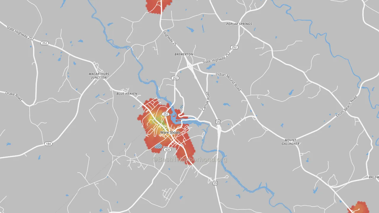 Walk Grade map of Ware Shoals, SC, walkable areas in green and car-dependent areas in red