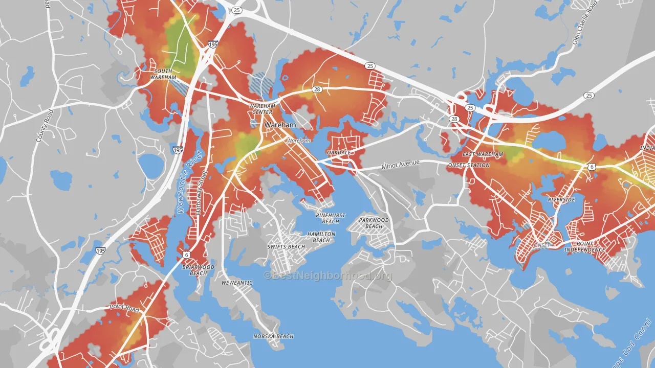 Walk Grade map of Wareham Center, MA, walkable areas in green and car-dependent areas in red