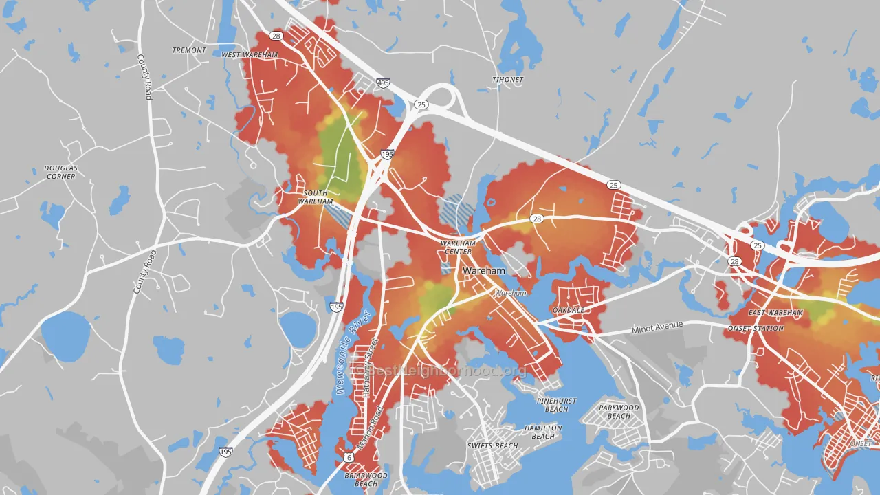 Walk Grade map of Wareham, MA, walkable areas in green and car-dependent areas in red