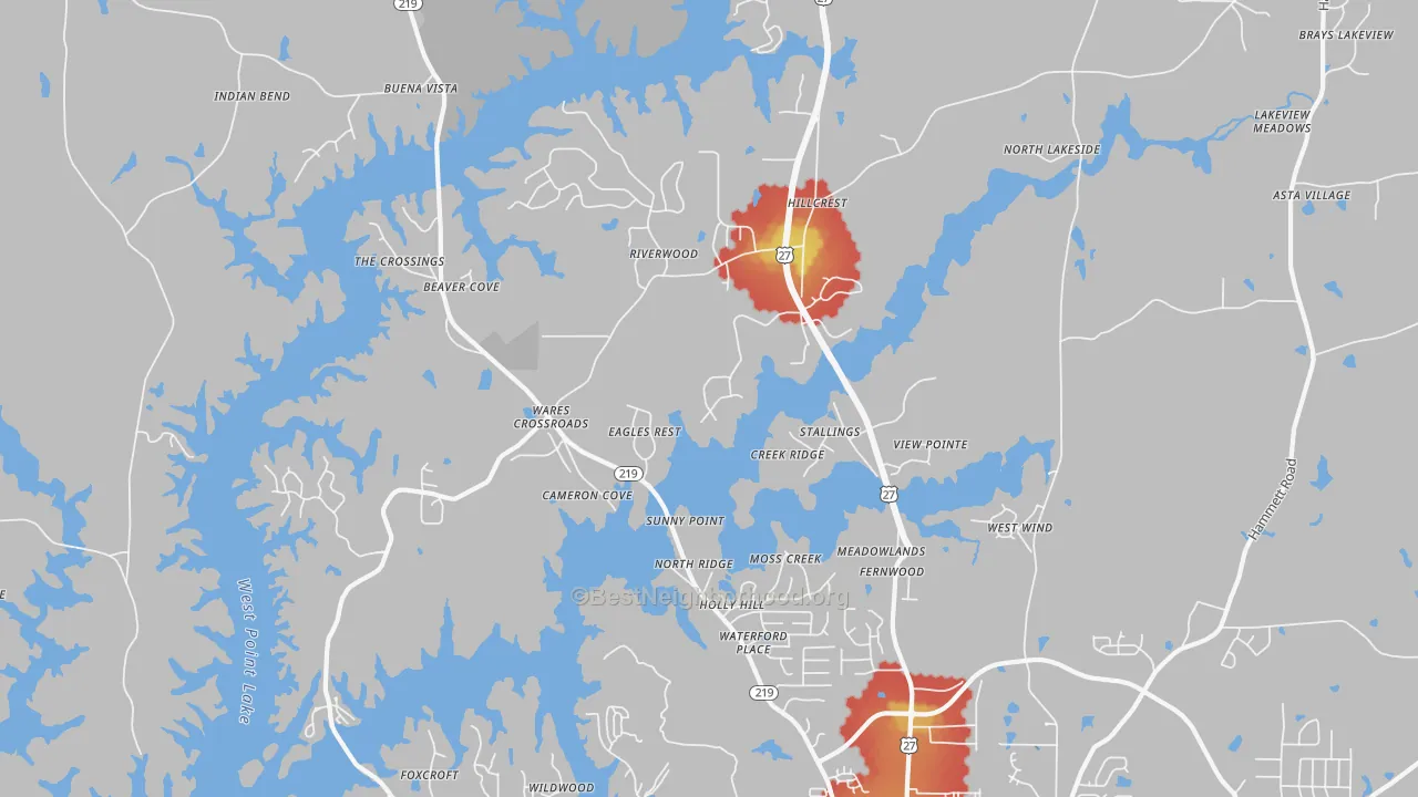 Walk Grade map of Wares Crossroads, GA, walkable areas in green and car-dependent areas in red