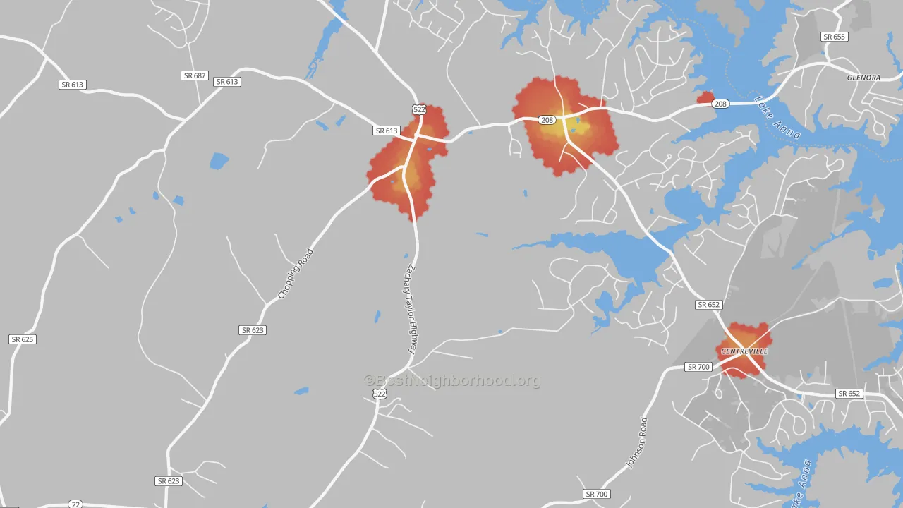 Walk Grade map of Wares Crossroads, VA, walkable areas in green and car-dependent areas in red