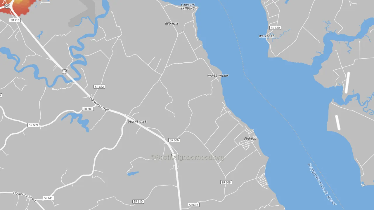 Walk Grade map of Wares Wharf, VA, walkable areas in green and car-dependent areas in red