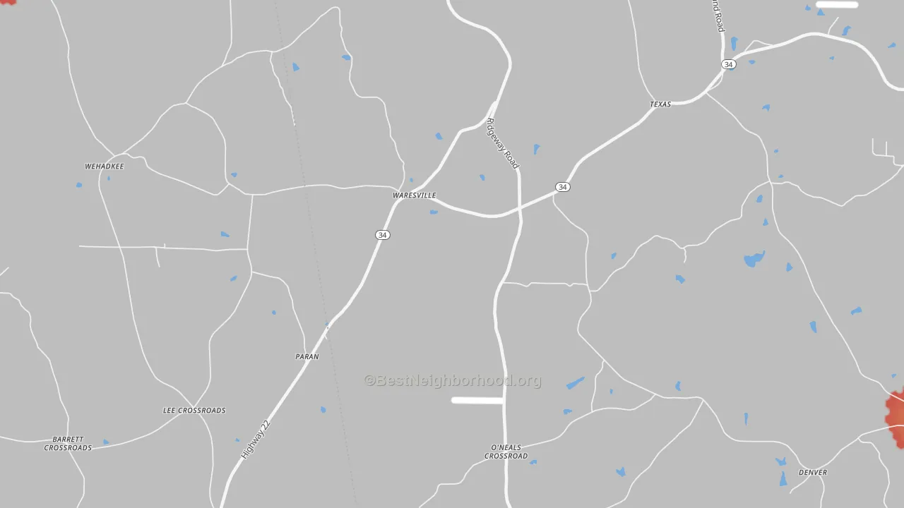 Walk Grade map of Waresville, GA, walkable areas in green and car-dependent areas in red