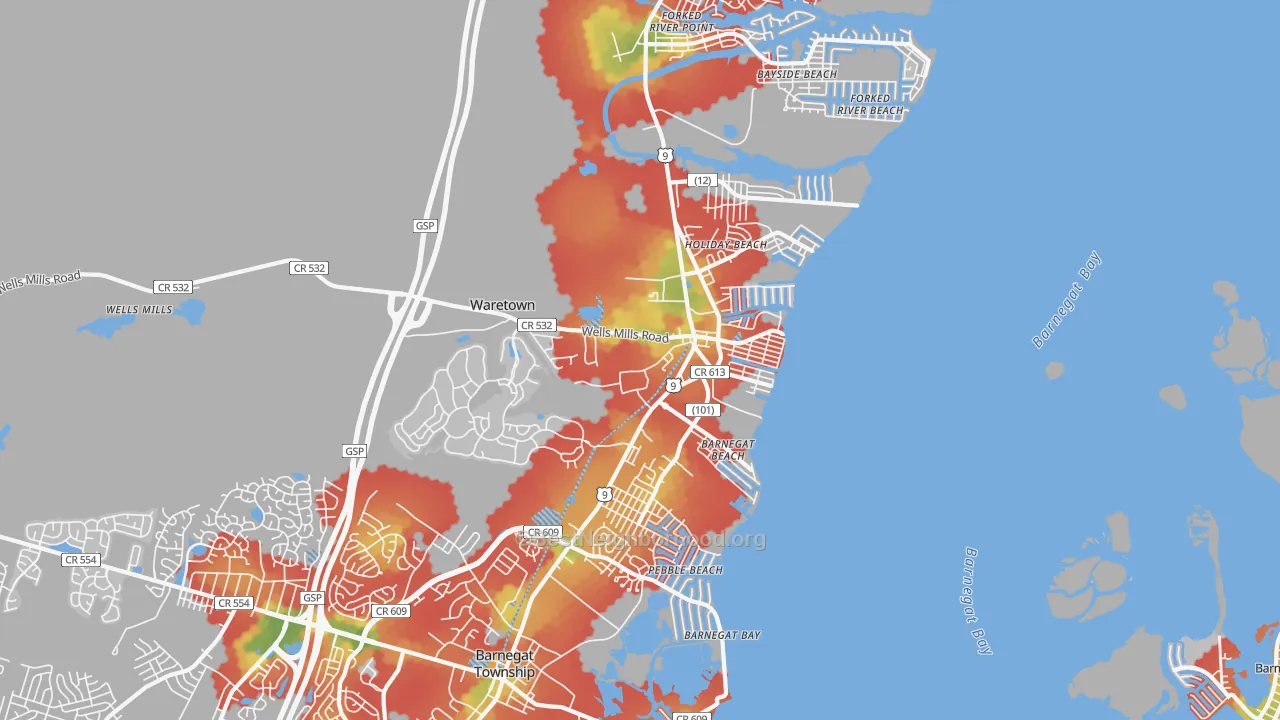 Walk Grade map of Waretown, NJ, walkable areas in green and car-dependent areas in red