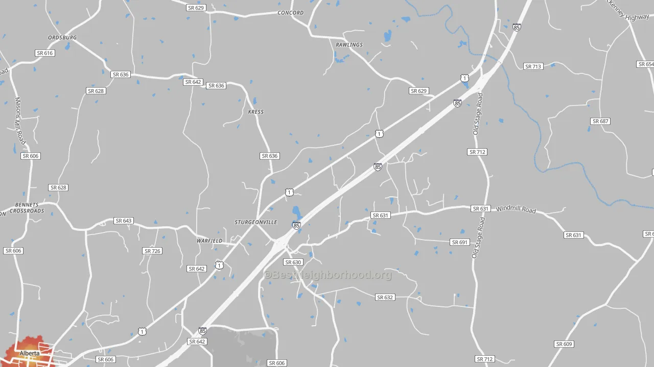 Walk Grade map of Warfield, VA, walkable areas in green and car-dependent areas in red