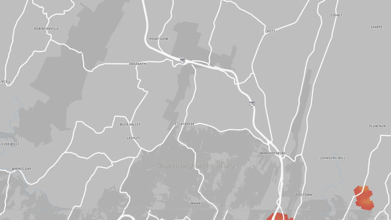 Walk Grade map of Warfordsburg, PA, walkable areas in green and car-dependent areas in red