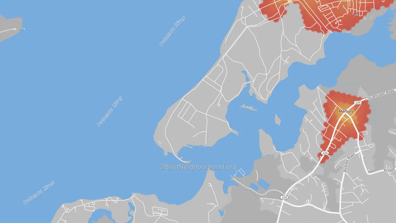 Walk Grade map of Warington Hills, MD, walkable areas in green and car-dependent areas in red