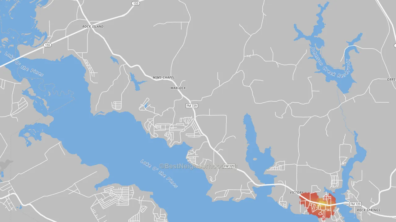 Walk Grade map of Warlock, TX, walkable areas in green and car-dependent areas in red