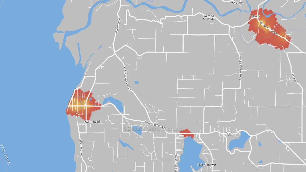 Walk Grade map of Warm Beach, WA, walkable areas in green and car-dependent areas in red