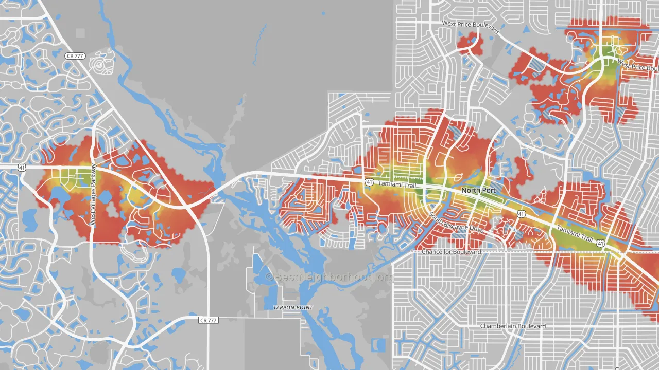 Walk Grade map of Warm Mineral Springs, FL, walkable areas in green and car-dependent areas in red