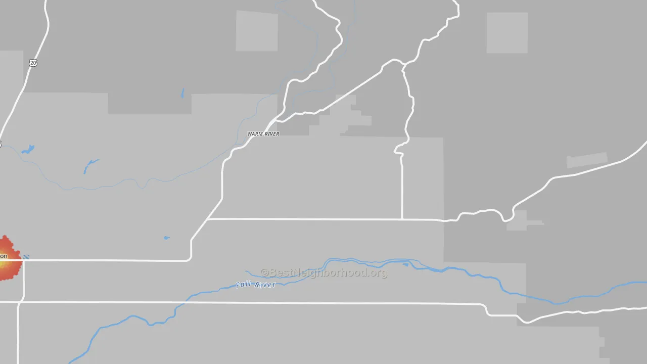 Walk Grade map of Warm River, ID, walkable areas in green and car-dependent areas in red