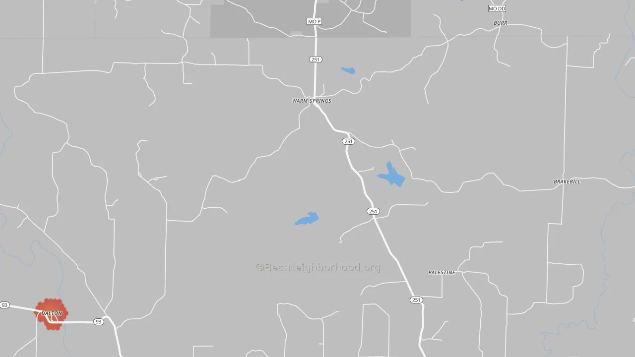 Walk Grade map of Warm Springs, AR, walkable areas in green and car-dependent areas in red