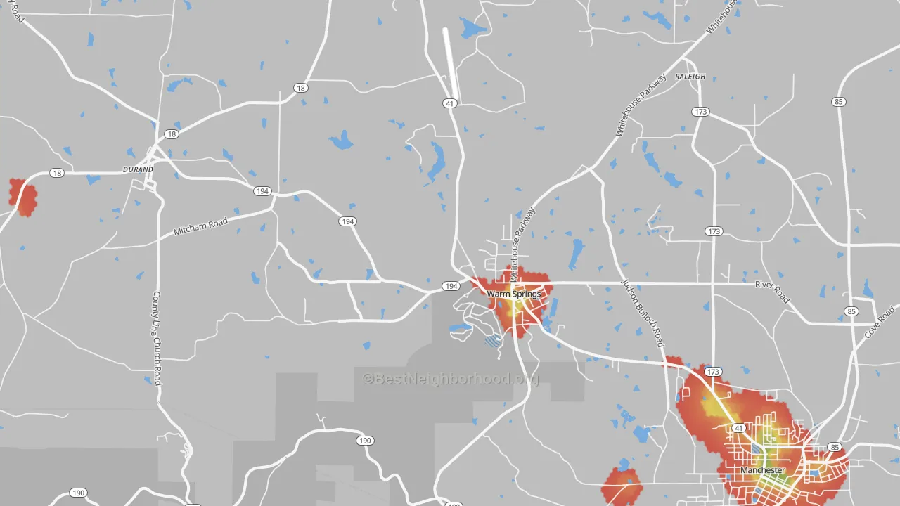 Walk Grade map of Warm Springs, GA, walkable areas in green and car-dependent areas in red