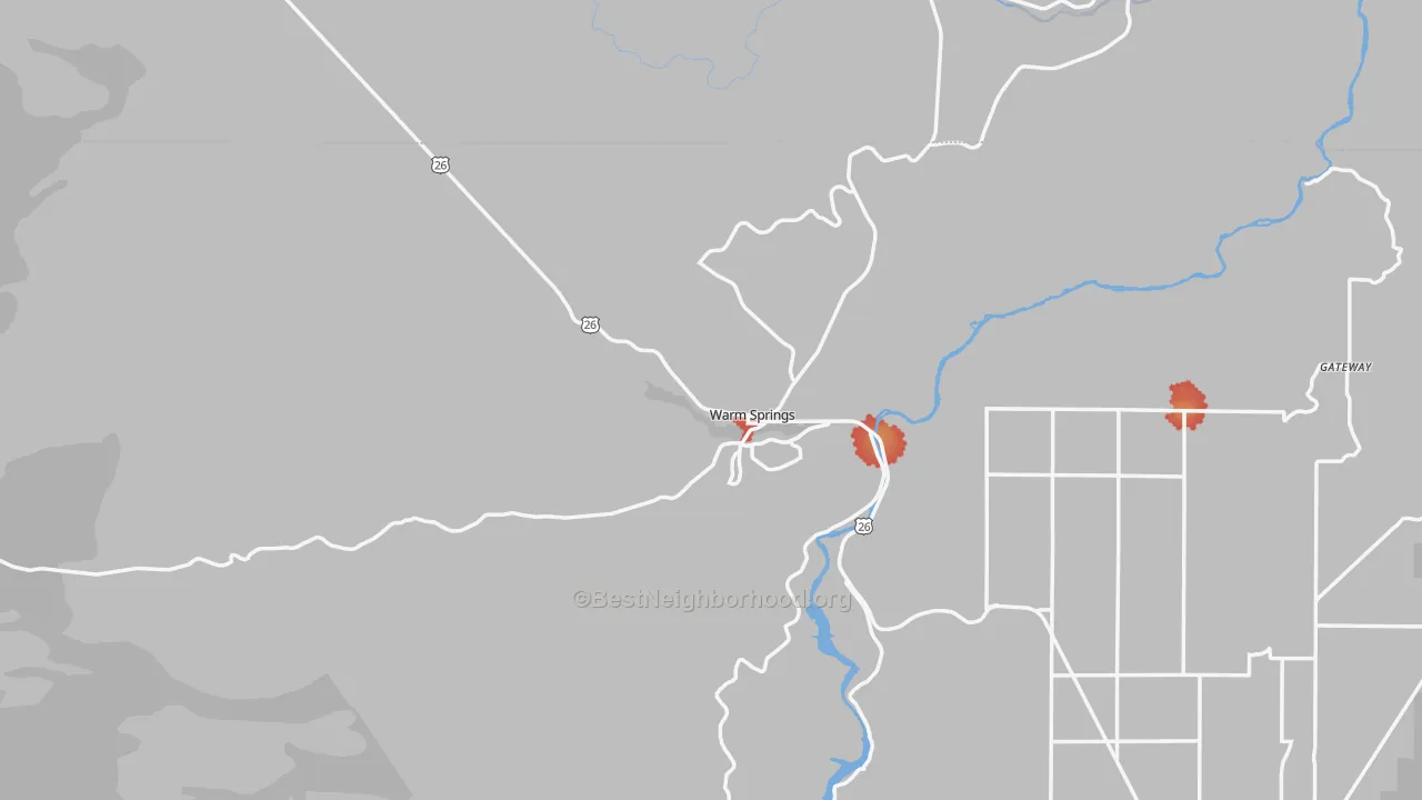 Walk Grade map of Warm Springs, OR, walkable areas in green and car-dependent areas in red
