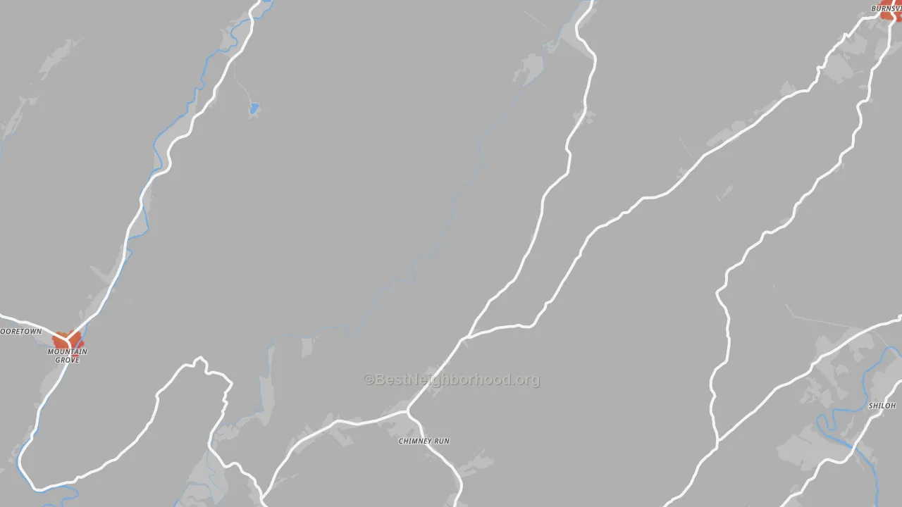 Walk Grade map of Warm Springs, VA, walkable areas in green and car-dependent areas in red