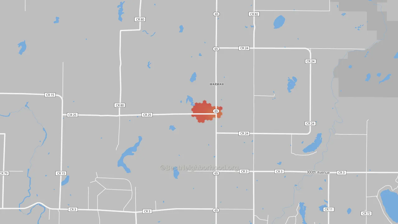 Walk Grade map of Warman, MN, walkable areas in green and car-dependent areas in red