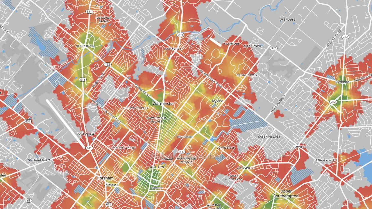 Walk Grade map of Warminster, PA, walkable areas in green and car-dependent areas in red
