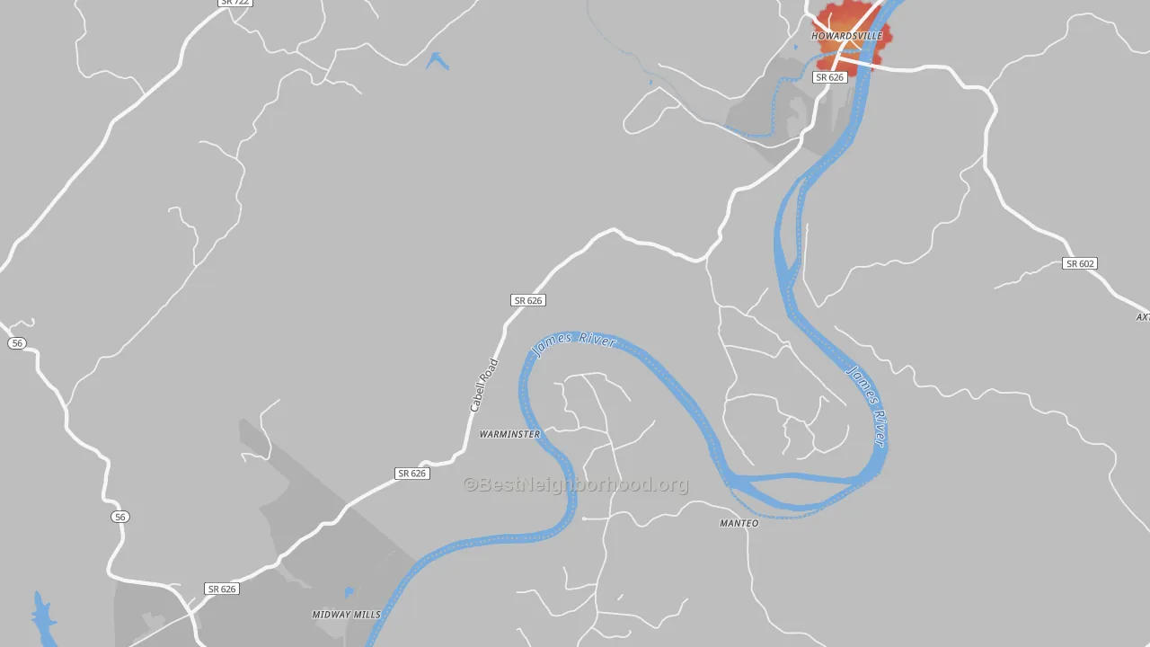 Walk Grade map of Warminster, VA, walkable areas in green and car-dependent areas in red