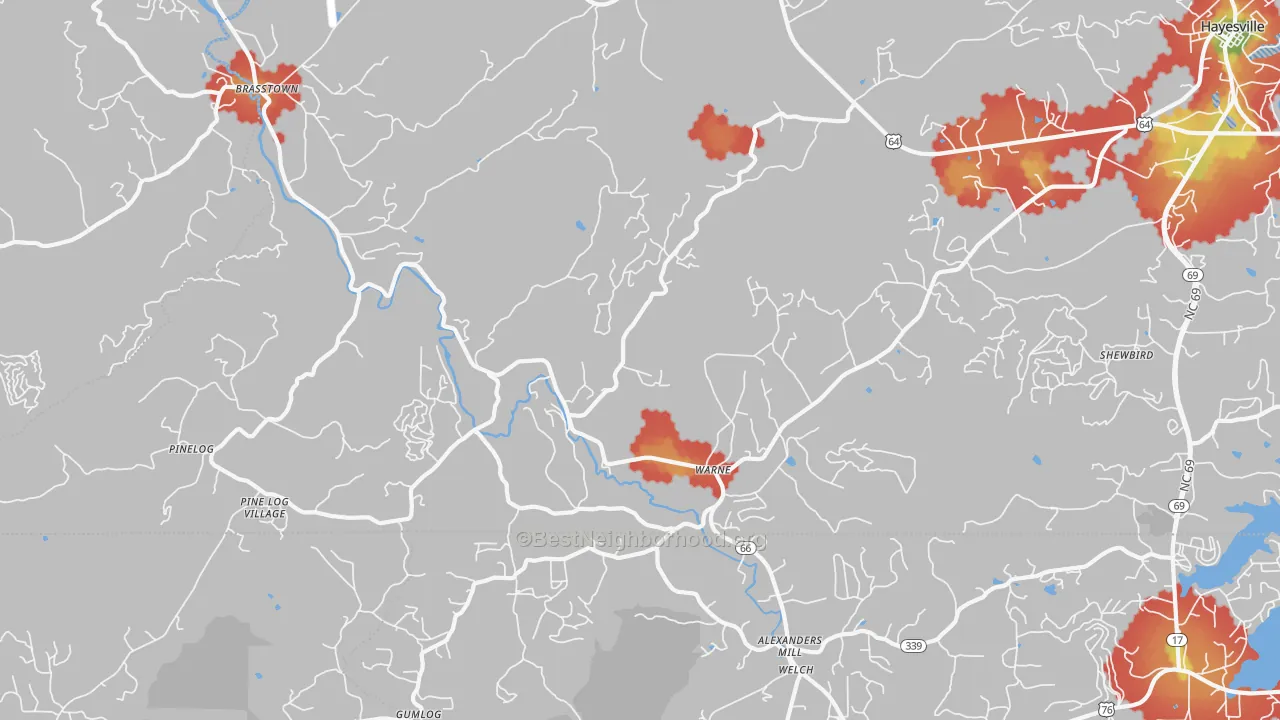 Walk Grade map of Warne, NC, walkable areas in green and car-dependent areas in red