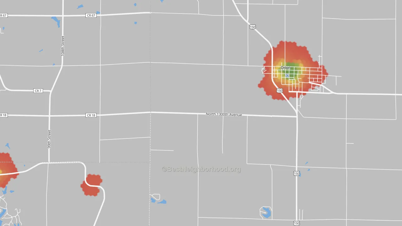 Walk Grade map of Warner, IL, walkable areas in green and car-dependent areas in red