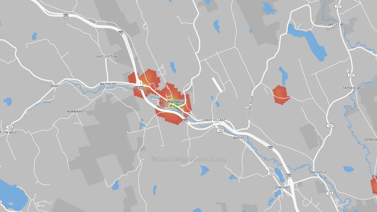 Walk Grade map of Warner, NH, walkable areas in green and car-dependent areas in red