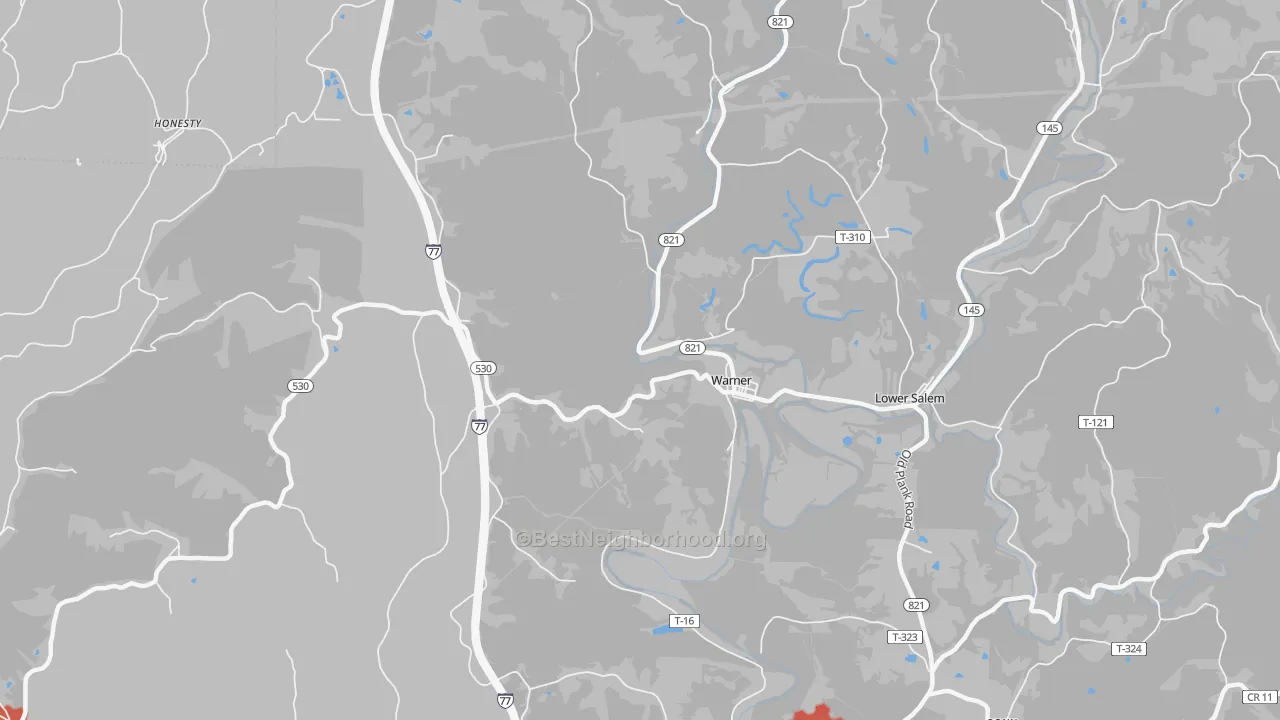Walk Grade map of Warner, OH, walkable areas in green and car-dependent areas in red