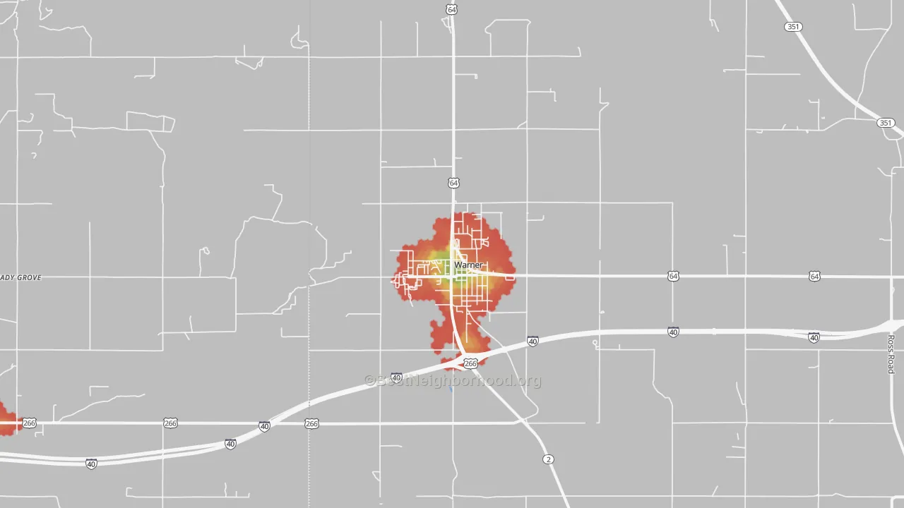Walk Grade map of Warner, OK, walkable areas in green and car-dependent areas in red