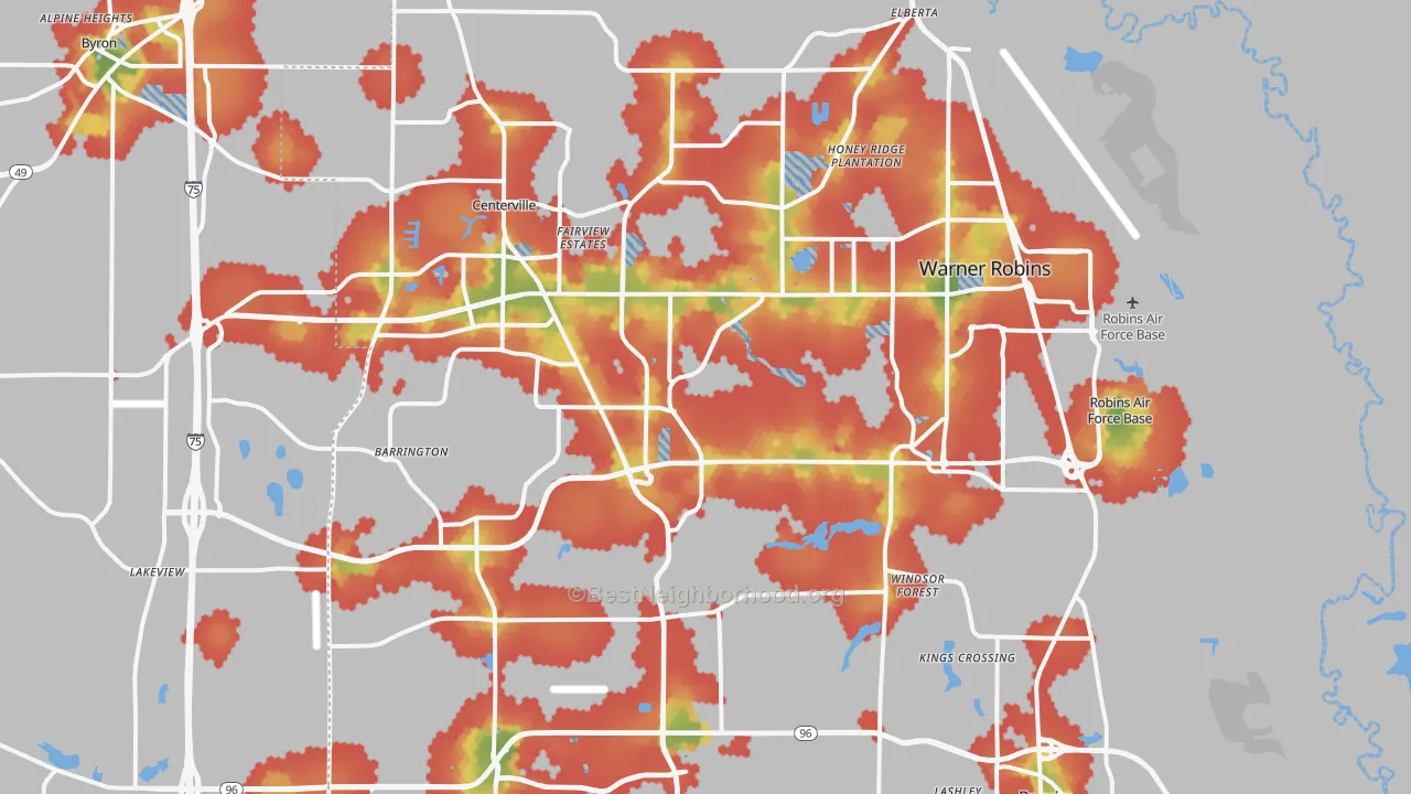 Walk Grade map of Warner Robins, GA, walkable areas in green and car-dependent areas in red