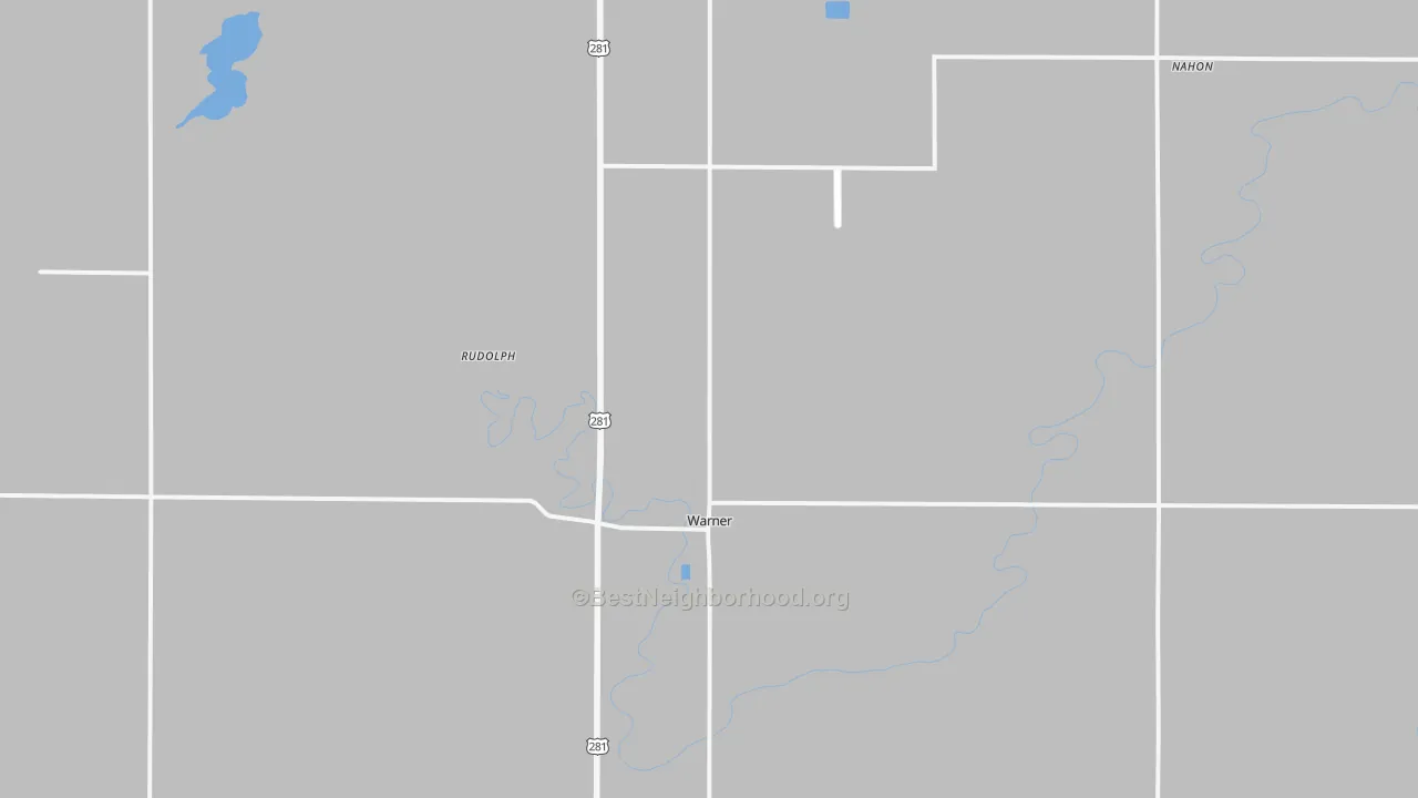 Walk Grade map of Warner, SD, walkable areas in green and car-dependent areas in red