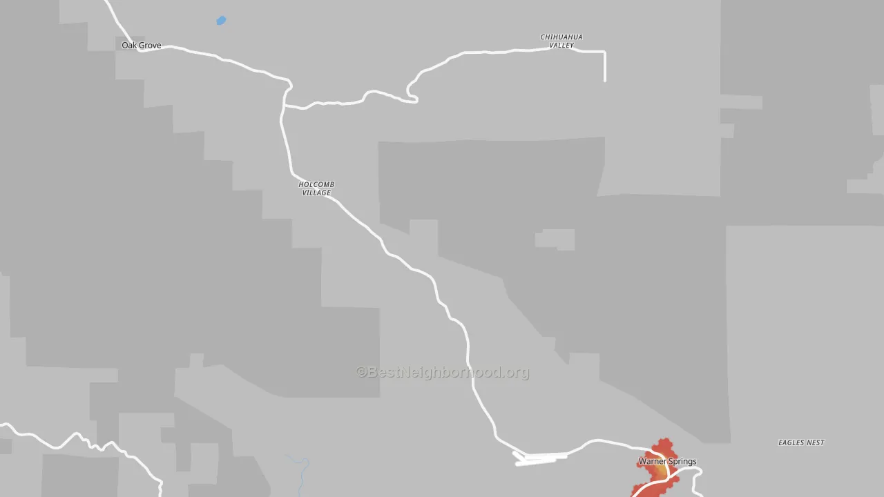 Walk Grade map of Warner Springs, CA, walkable areas in green and car-dependent areas in red