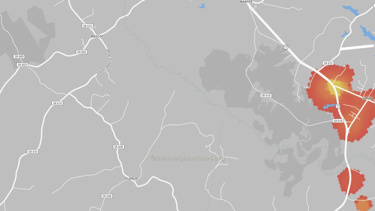 Walk Grade map of Warner, VA, walkable areas in green and car-dependent areas in red