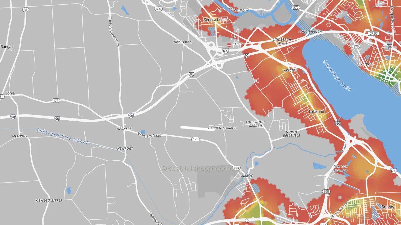 Walk Grade map of Warners, NY, walkable areas in green and car-dependent areas in red