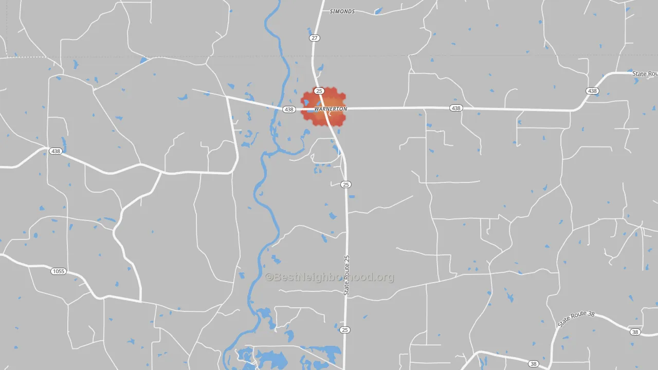 Walk Grade map of Warnerton, LA, walkable areas in green and car-dependent areas in red