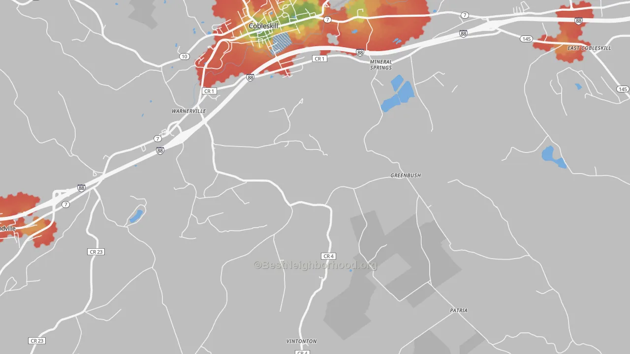 Walk Grade map of Warnerville, NY, walkable areas in green and car-dependent areas in red