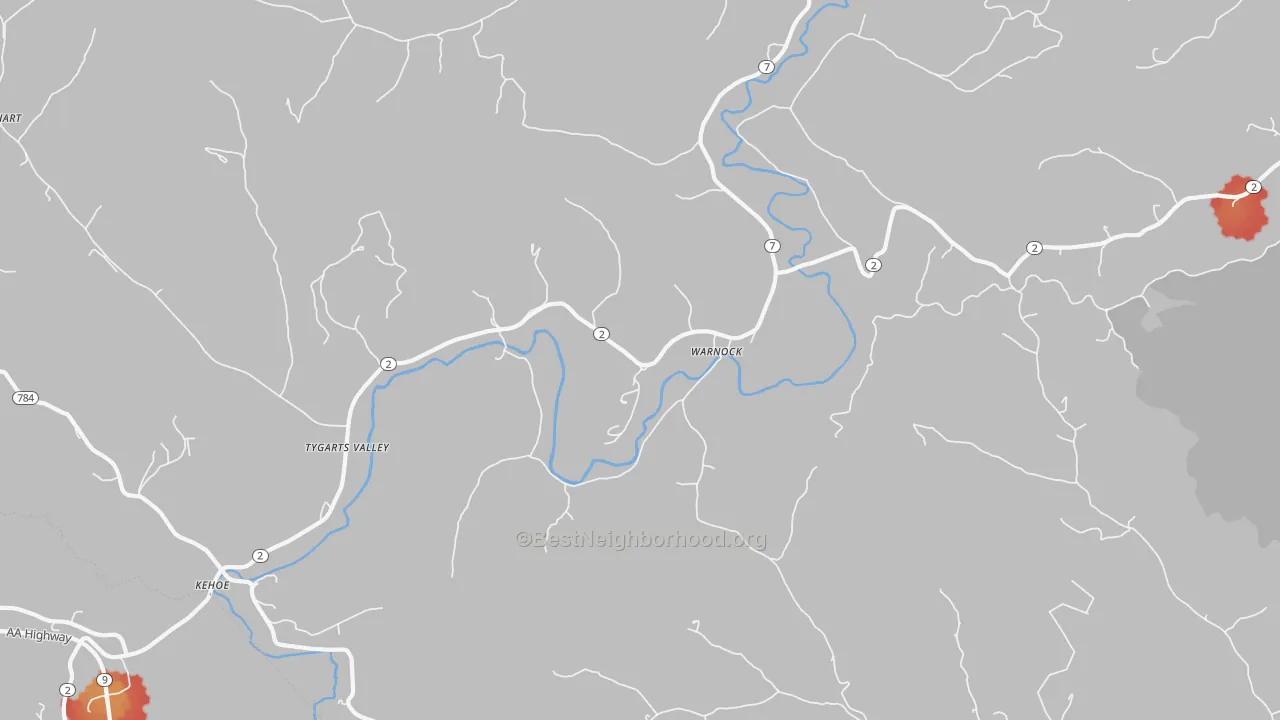 Walk Grade map of Warnock, KY, walkable areas in green and car-dependent areas in red