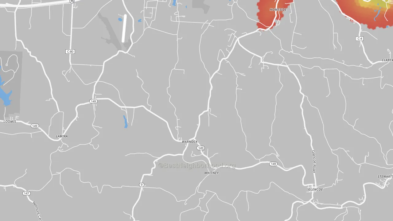 Walk Grade map of Warnock, OH, walkable areas in green and car-dependent areas in red