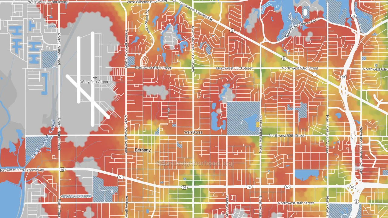 Walk Grade map of Warr Acres, OK, walkable areas in green and car-dependent areas in red