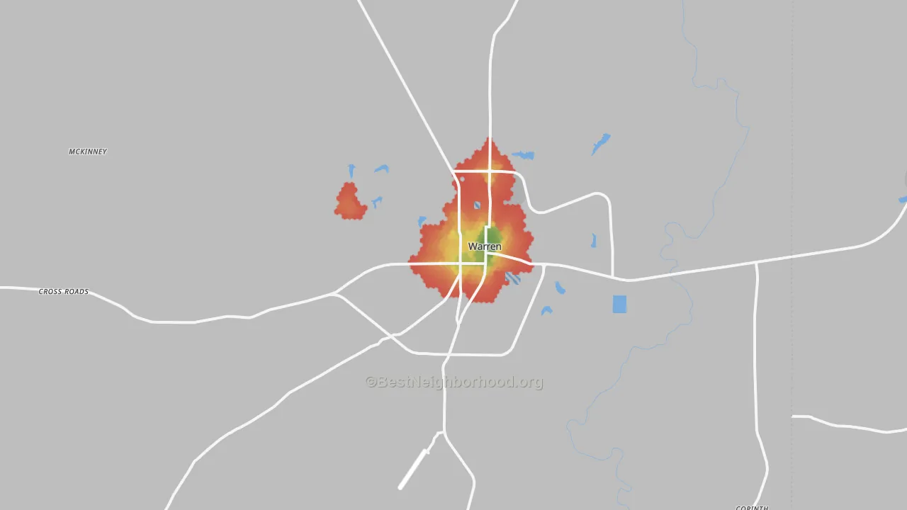 Walk Grade map of Warren, AR, walkable areas in green and car-dependent areas in red