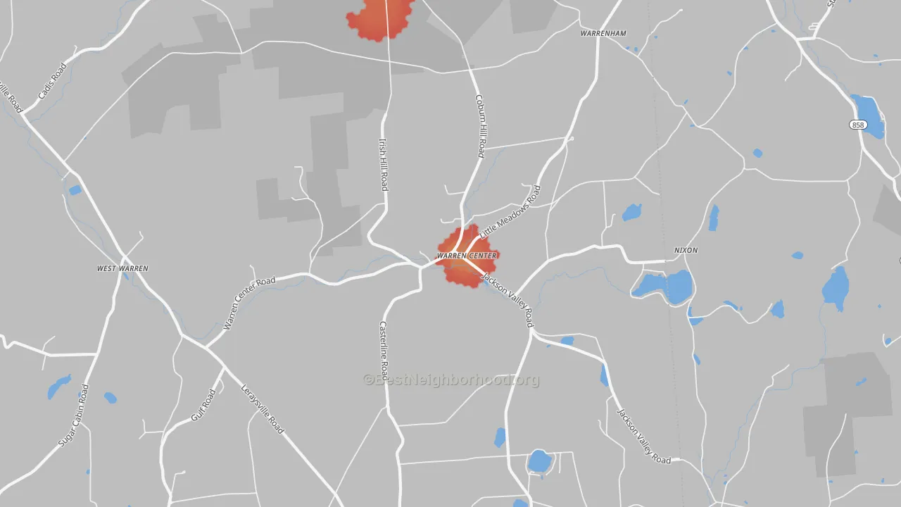 Walk Grade map of Warren Center, PA, walkable areas in green and car-dependent areas in red