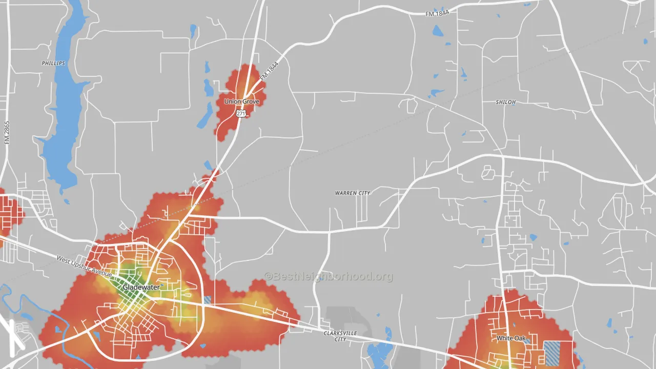 Walk Grade map of Warren City, TX, walkable areas in green and car-dependent areas in red