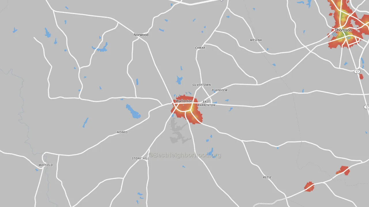 Walk Grade map of Warren County, GA, walkable areas in green and car-dependent areas in red